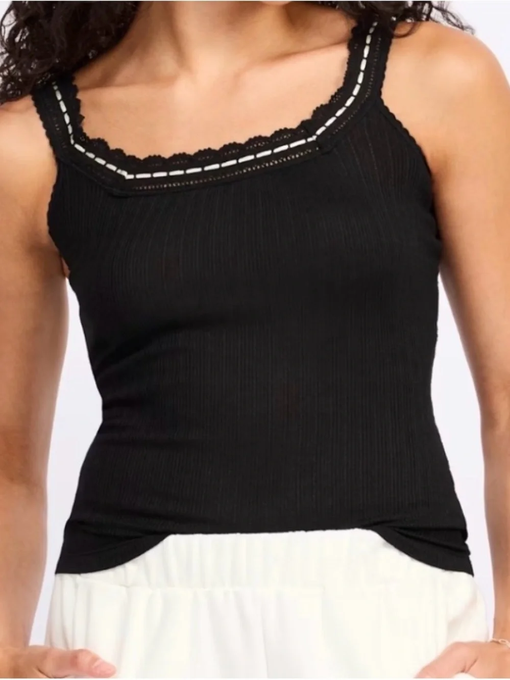 Free People Black Lace-Trim Ribbed Tank